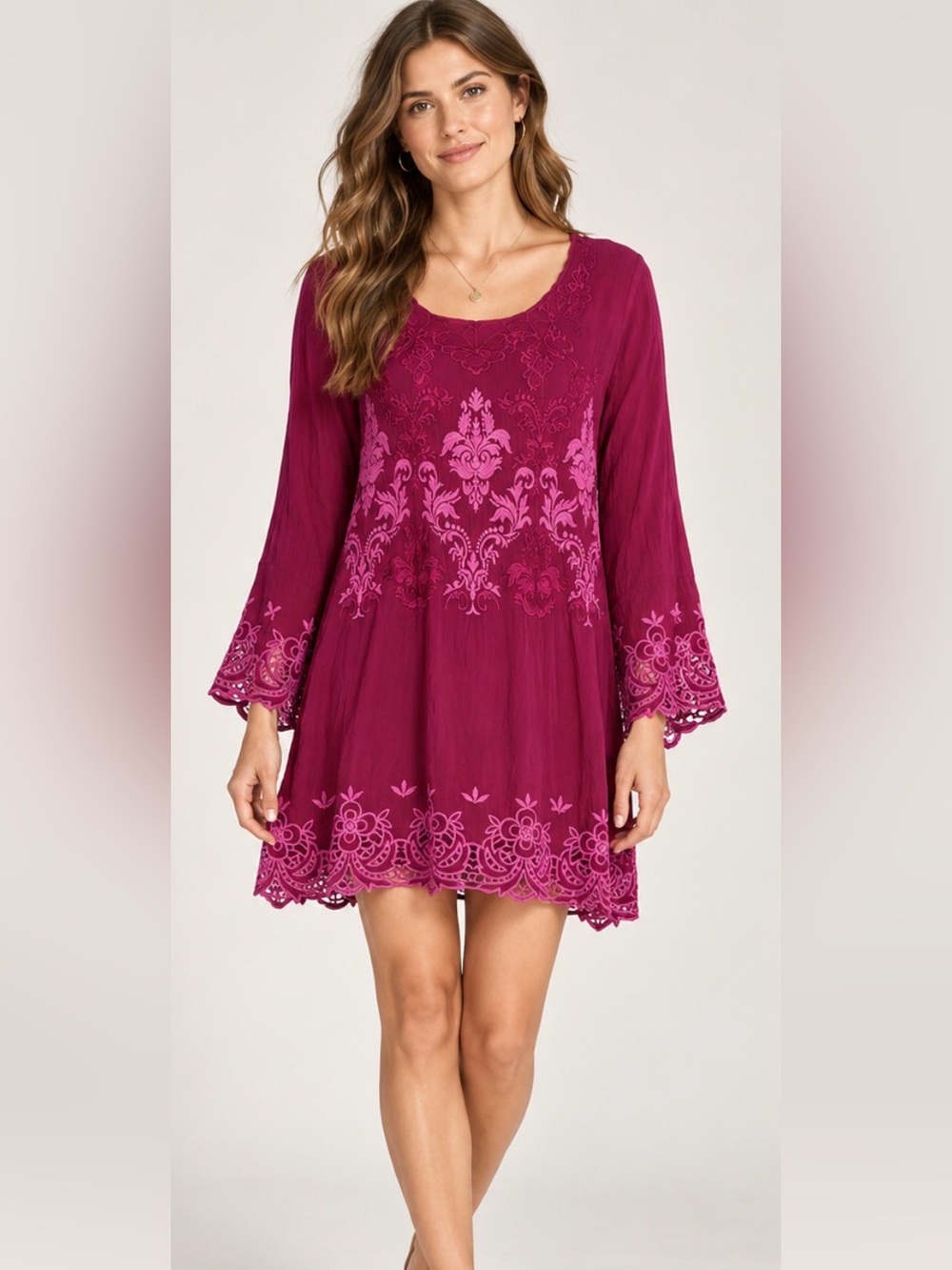 Johnny Was Robin Embroidered Tunic Dress Size M Berry Magenta C20518-7 $288